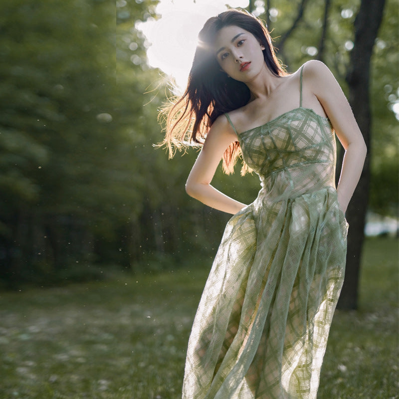 High Quality Women Temperament Mesh Slip Green Printed Square Dress