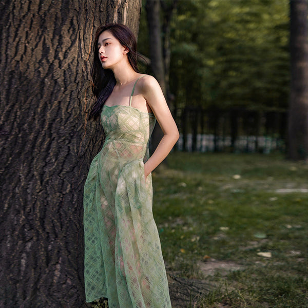 High Quality Women Temperament Mesh Slip Green Printed Square Dress