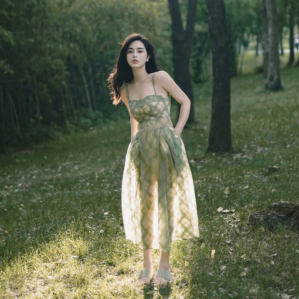 High Quality Women Temperament Mesh Slip Green Printed Square Dress