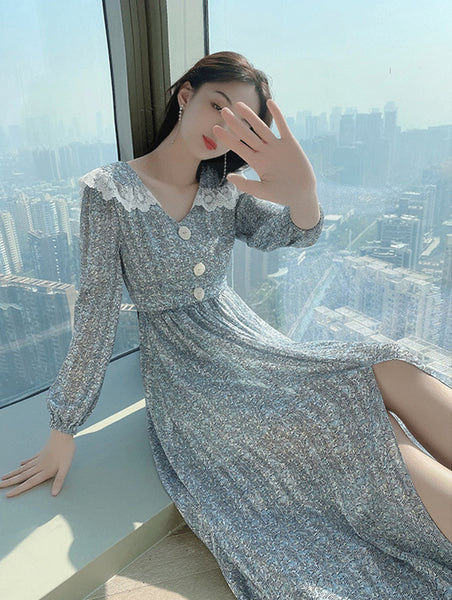 Chiffon Floral Printed Dress Women Over Knee Cover Belly long Lace Skirt