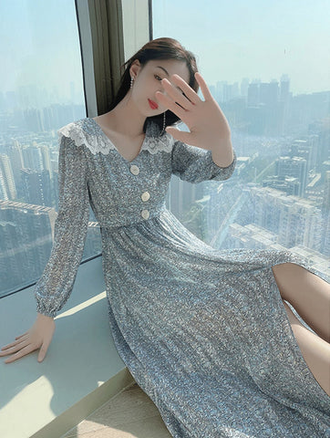 Chiffon Floral Printed Dress Women Over Knee Cover Belly long Lace Skirt