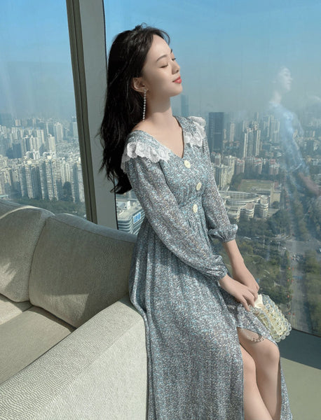 Chiffon Floral Printed Dress Women Over Knee Cover Belly long Lace Skirt