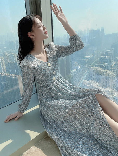 Chiffon Floral Printed Dress Women Over Knee Cover Belly long Lace Skirt