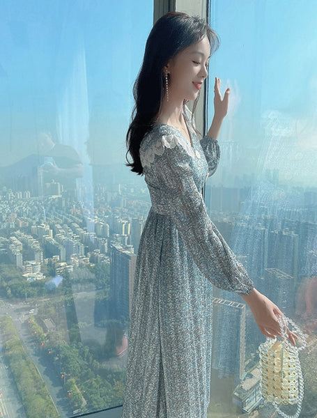 Chiffon Floral Printed Dress Women Over Knee Cover Belly long Lace Skirt