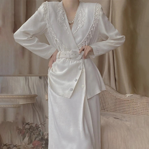 Western Women fashion Two Pieces White Embroidery Hook Floral Suit Dress