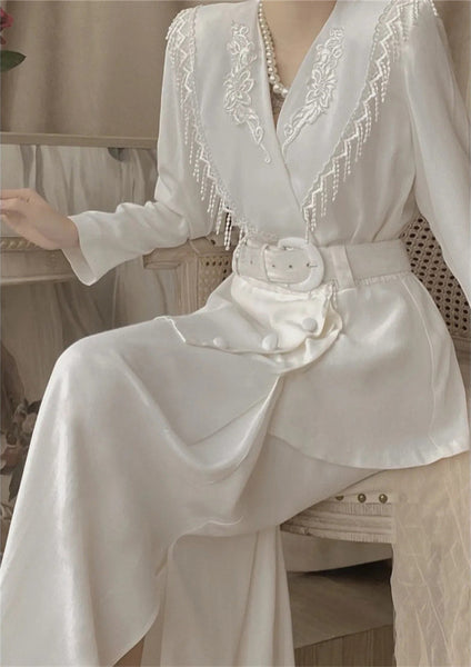 Western Women fashion Two Pieces White Embroidery Hook Floral Suit Dress