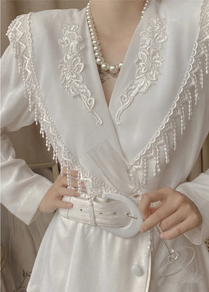 Western Women fashion Two Pieces White Embroidery Hook Floral Suit Dress