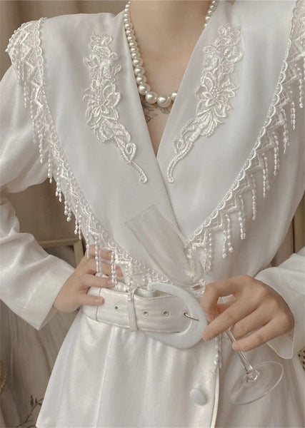 Western Women fashion Two Pieces White Embroidery Hook Floral Suit Dress