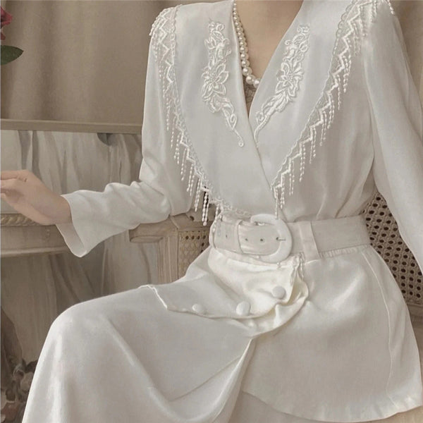 Western Women fashion Two Pieces White Embroidery Hook Floral Suit Dress