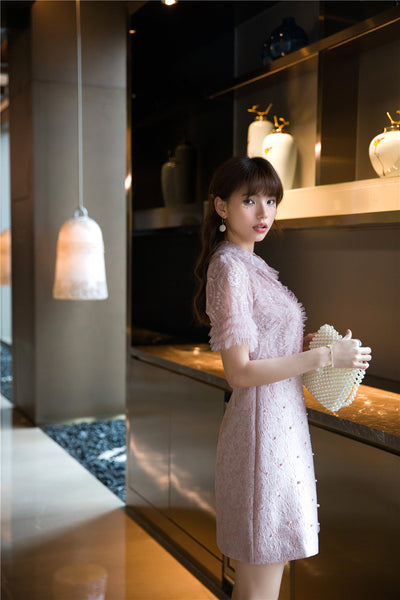 Beaded Short Sleeved Lace Doll Collar Temperament Women Pink A Line Dress