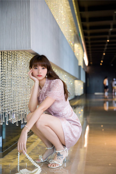 Beaded Short Sleeved Lace Doll Collar Temperament Women Pink A Line Dress