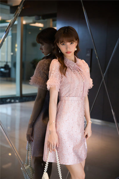 Beaded Short Sleeved Lace Doll Collar Temperament Women Pink A Line Dress