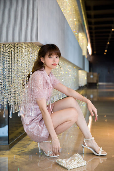 Beaded Short Sleeved Lace Doll Collar Temperament Women Pink A Line Dress