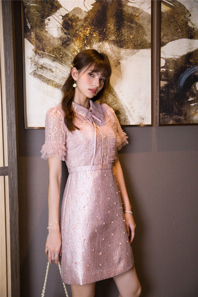 Beaded Short Sleeved Lace Doll Collar Temperament Women Pink A Line Dress