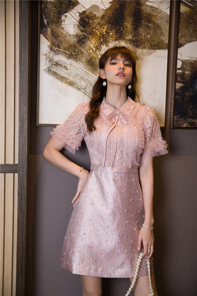 Beaded Short Sleeved Lace Doll Collar Temperament Women Pink A Line Dress