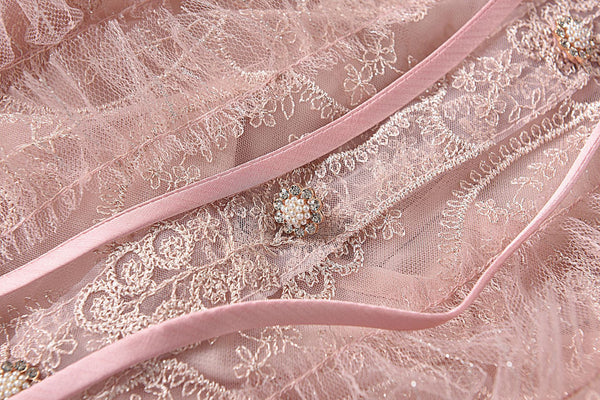 Beaded Short Sleeved Lace Doll Collar Temperament Women Pink A Line Dress