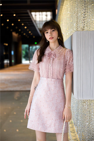 Beaded Short Sleeved Lace Doll Collar Temperament Women Pink A Line Dress