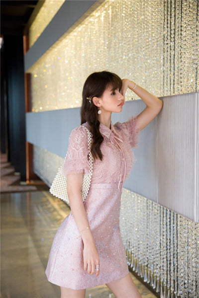Beaded Short Sleeved Lace Doll Collar Temperament Women Pink A Line Dress