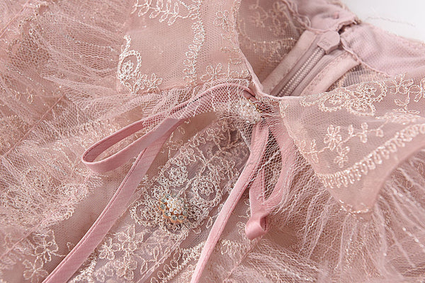 Beaded Short Sleeved Lace Doll Collar Temperament Women Pink A Line Dress