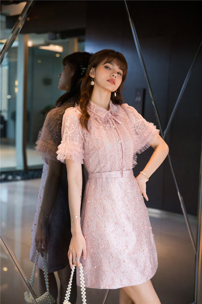 Beaded Short Sleeved Lace Doll Collar Temperament Women Pink A Line Dress