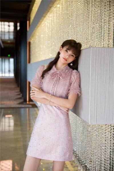 Beaded Short Sleeved Lace Doll Collar Temperament Women Pink A Line Dress