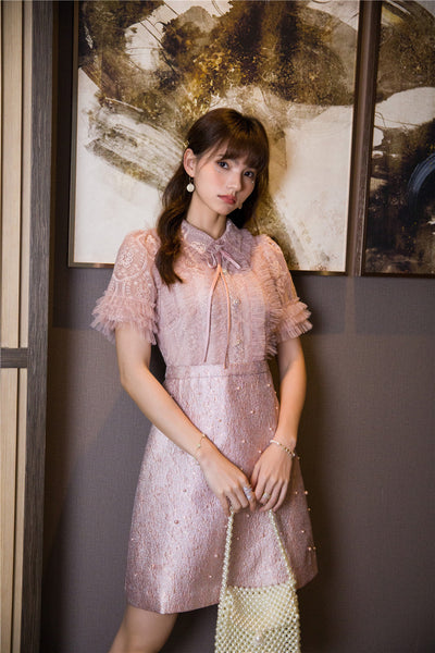 Beaded Short Sleeved Lace Doll Collar Temperament Women Pink A Line Dress