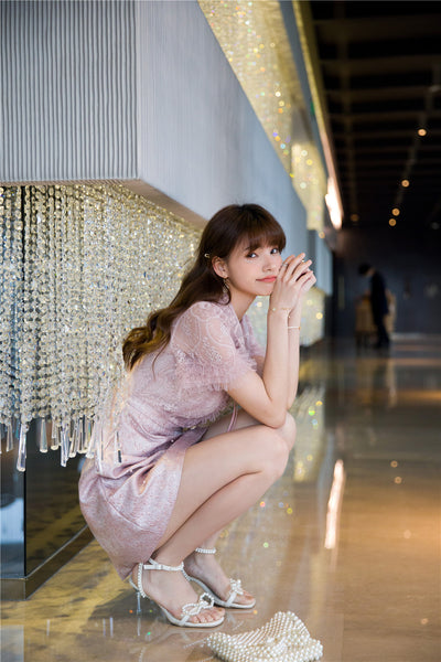 Beaded Short Sleeved Lace Doll Collar Temperament Women Pink A Line Dress