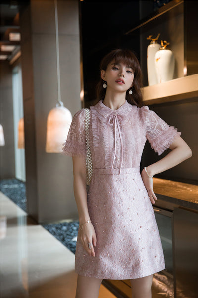Beaded Short Sleeved Lace Doll Collar Temperament Women Pink A Line Dress