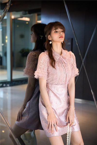 Beaded Short Sleeved Lace Doll Collar Temperament Women Pink A Line Dress