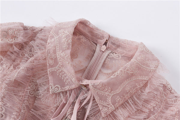 Beaded Short Sleeved Lace Doll Collar Temperament Women Pink A Line Dress