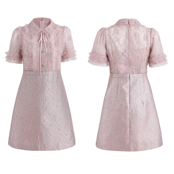 Beaded Short Sleeved Lace Doll Collar Temperament Women Pink A Line Dress