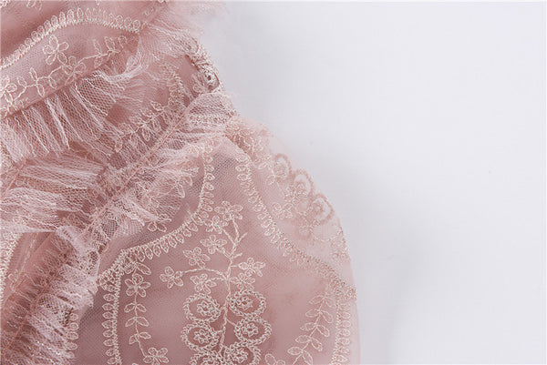 Beaded Short Sleeved Lace Doll Collar Temperament Women Pink A Line Dress