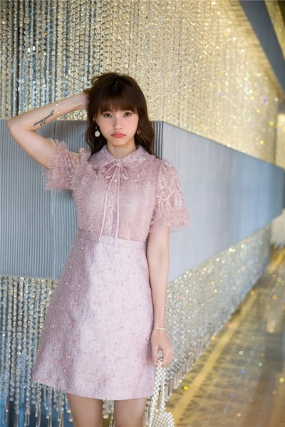 Beaded Short Sleeved Lace Doll Collar Temperament Women Pink A Line Dress