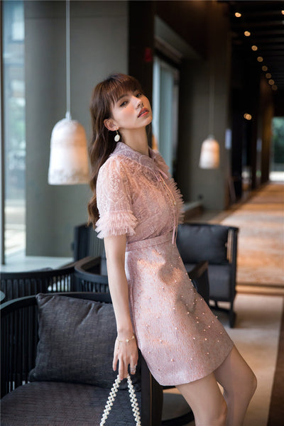 Beaded Short Sleeved Lace Doll Collar Temperament Women Pink A Line Dress