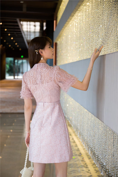 Beaded Short Sleeved Lace Doll Collar Temperament Women Pink A Line Dress