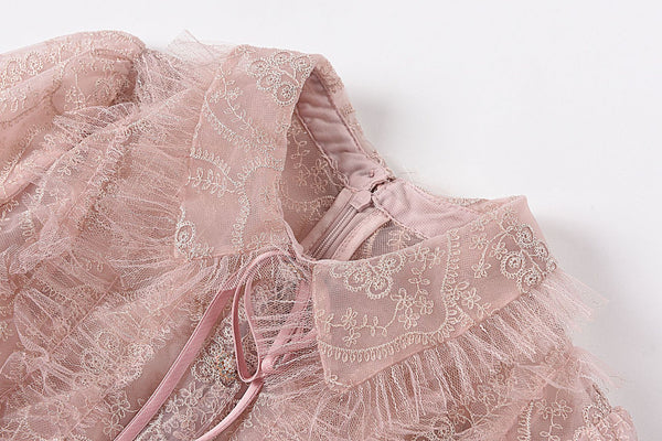 Beaded Short Sleeved Lace Doll Collar Temperament Women Pink A Line Dress