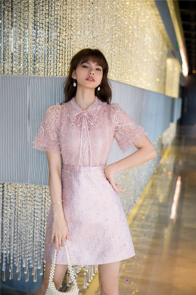 Beaded Short Sleeved Lace Doll Collar Temperament Women Pink A Line Dress