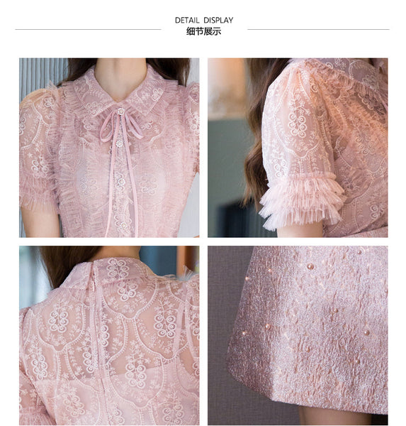Beaded Short Sleeved Lace Doll Collar Temperament Women Pink A Line Dress