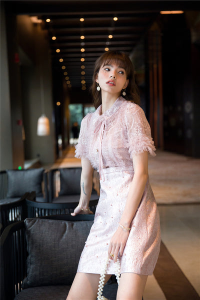 Beaded Short Sleeved Lace Doll Collar Temperament Women Pink A Line Dress