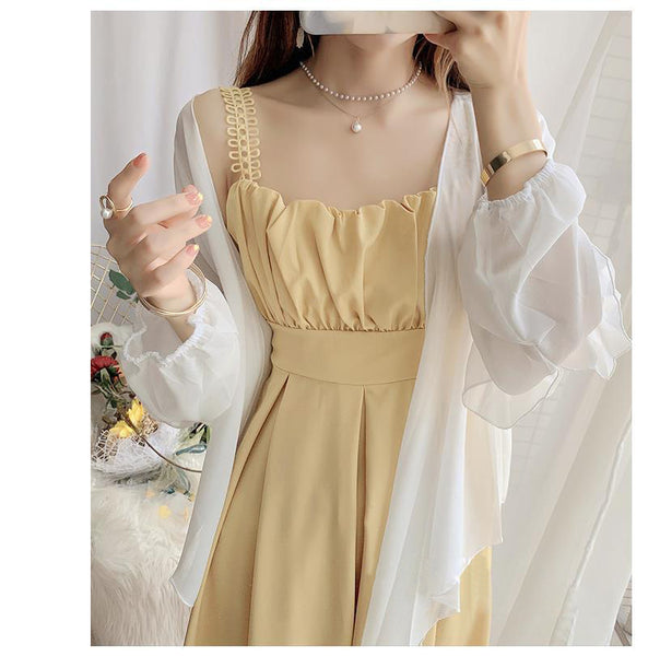 Yellow Color Attractive Sweet Sling Skirt A Line Chiffon Dress