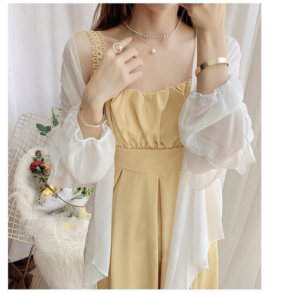 Yellow Color Attractive Sweet Sling Skirt A Line Chiffon Dress