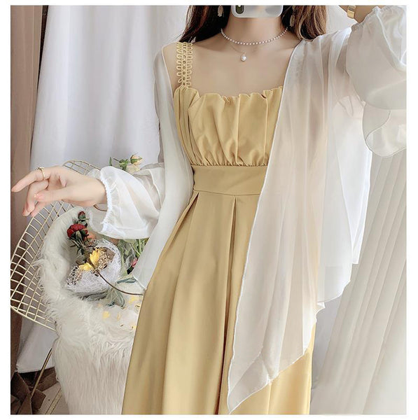 Yellow Color Attractive Sweet Sling Skirt A Line Chiffon Dress