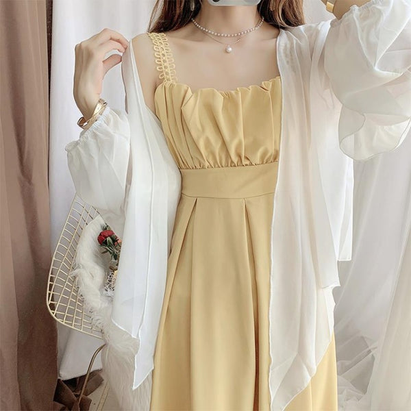 Yellow Color Attractive Sweet Sling Skirt A Line Chiffon Dress