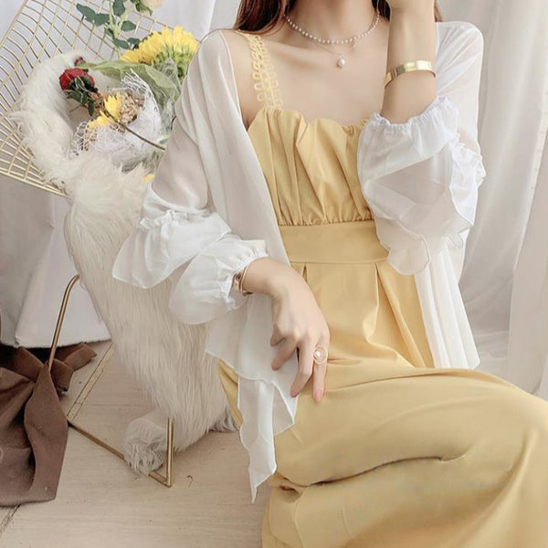 Yellow Color Attractive Sweet Sling Skirt A Line Chiffon Dress