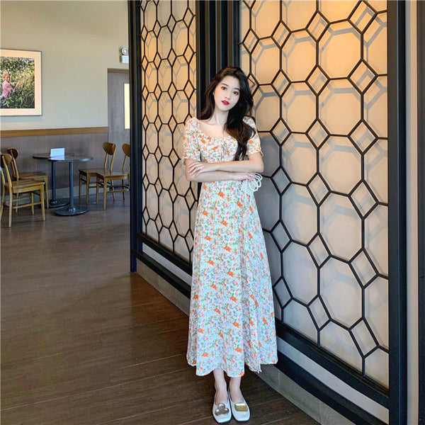 Summer Women Sweet Long Skirt Waist Temperament Floral Dress