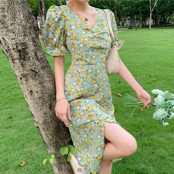 Summer Women Sweet Long Skirt Waist Temperament Floral Dress