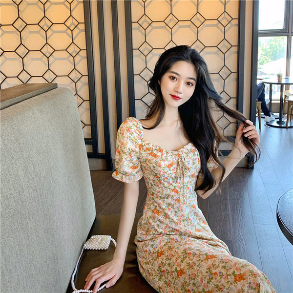 Summer Women Sweet Long Skirt Waist Temperament Floral Dress