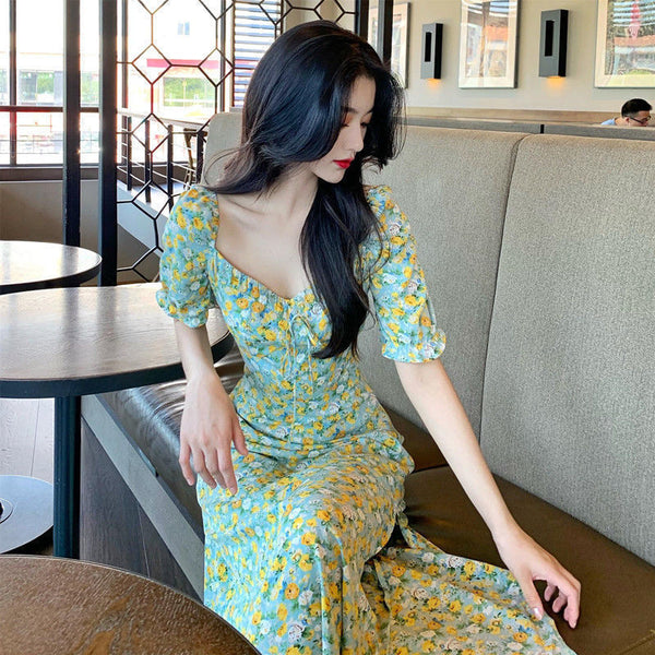Summer Women Sweet Long Skirt Waist Temperament Floral Dress