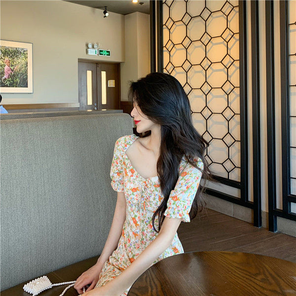 Summer Women Sweet Long Skirt Waist Temperament Floral Dress