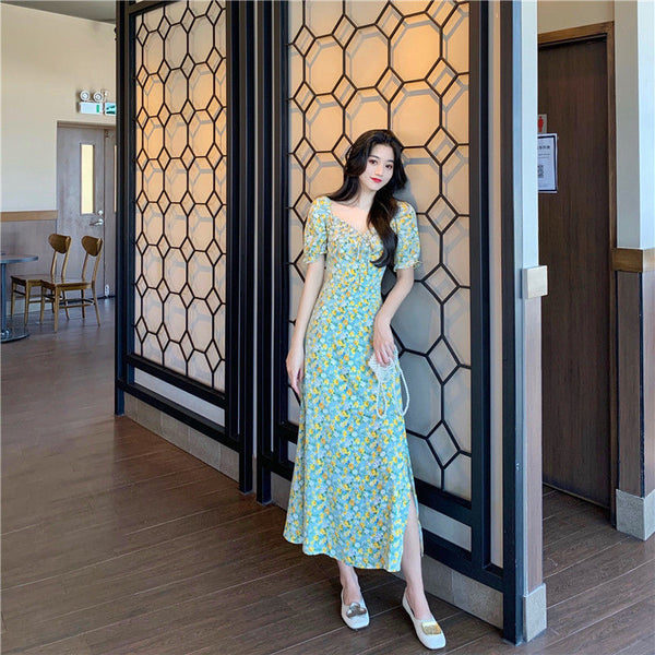 Summer Women Sweet Long Skirt Waist Temperament Floral Dress